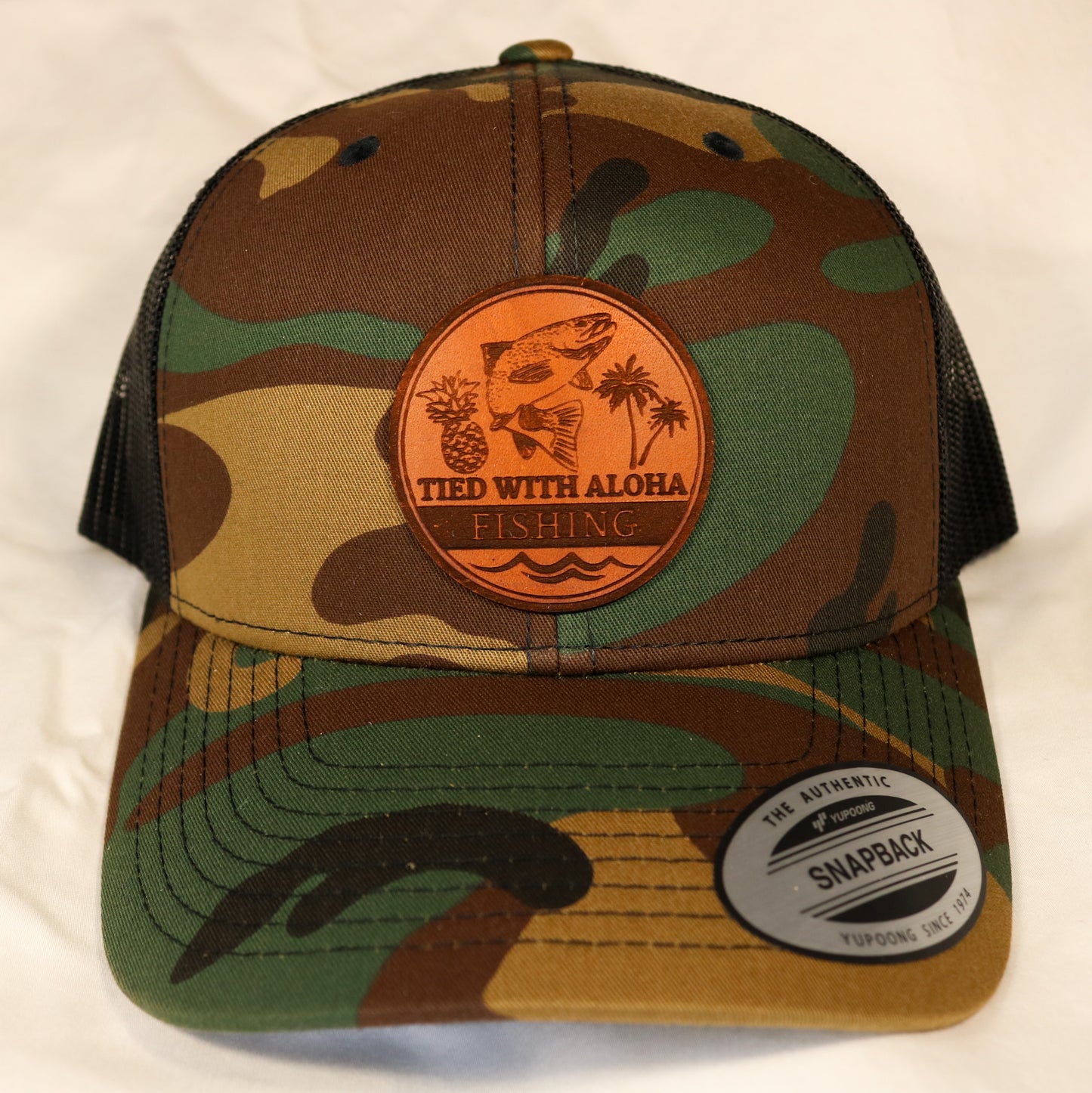 Tied with Aloha Custom Leather Patch Trucker Hats